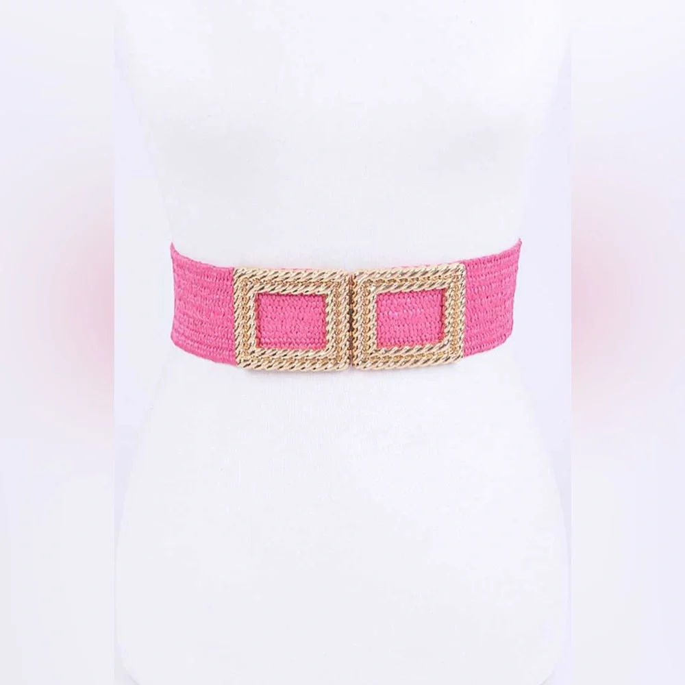 Gold Square Buckle Coated Straw Statement Belt